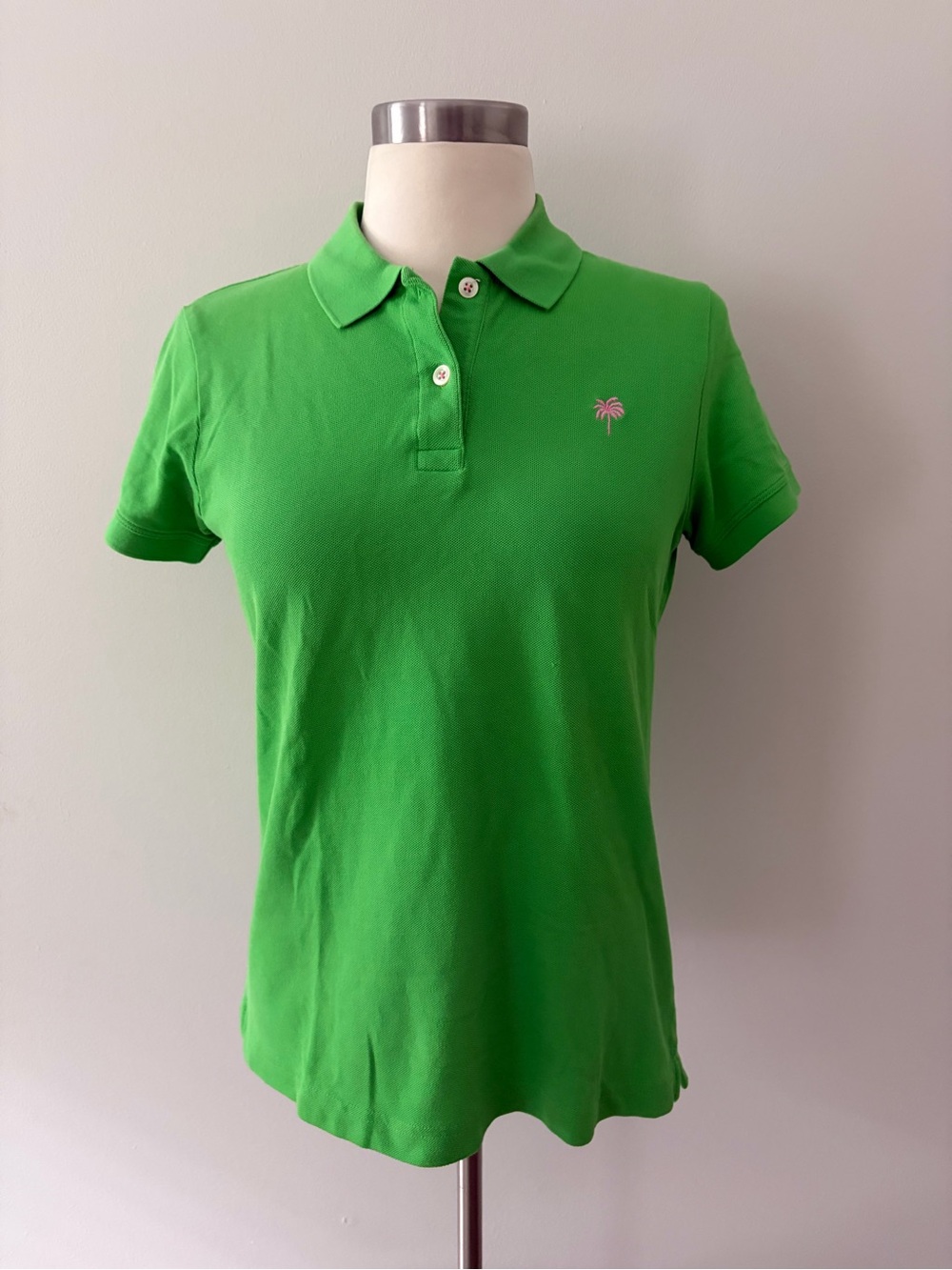 Lilly Pulitzer Island Pique Polo Lime Polo Tee Pink Palm Logo M Preppy Tropical